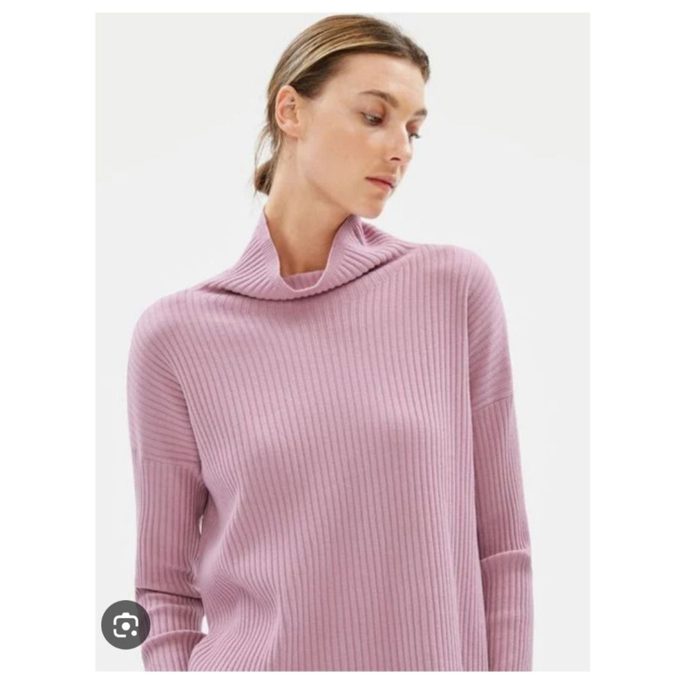 EILEEN FISHER Luxe Merino Funnel Neck Ribbed Knit Sweater XXS Pink